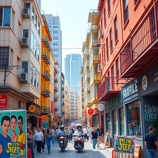 Busy urban street scene with colorful buildings, vibrant street art, and bustling pedestrian traffic.