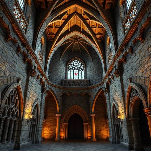 Detailed view of a historic castle interior with stone walls, arched ceilings, and intricate carvings.