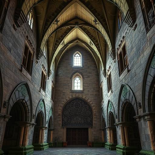 Detailed view of a historic castle interior with stone walls, arched ceilings, and intricate carvings.
