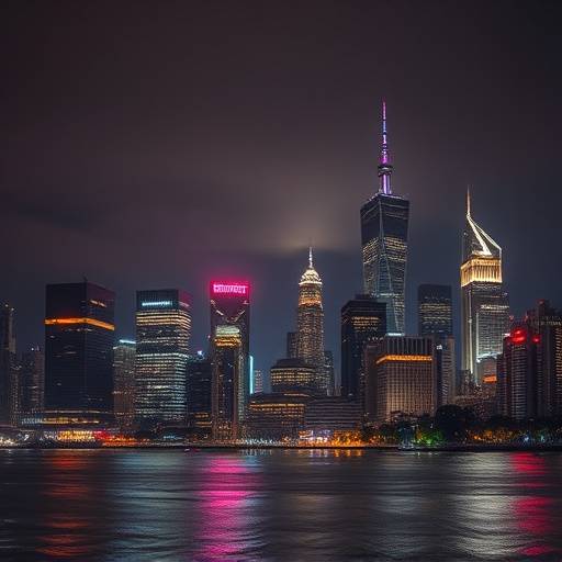 Modern city skyline at night with illuminated skyscrapers reflecting in the river.