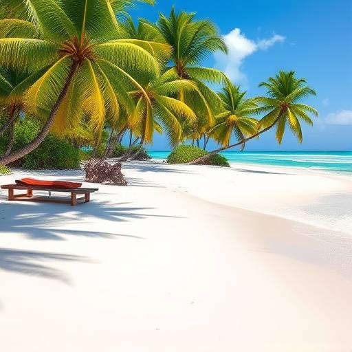 Secluded tropical beach with white sand, turquoise water, and palm trees swaying in the breeze.