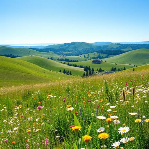 Tranquil countryside meadow with wildflowers in full bloom, rolling green hills, and a clear blue sky.