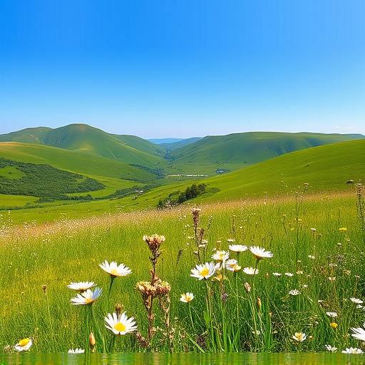 Tranquil countryside meadow with wildflowers in full bloom, rolling green hills, and a clear blue sky.